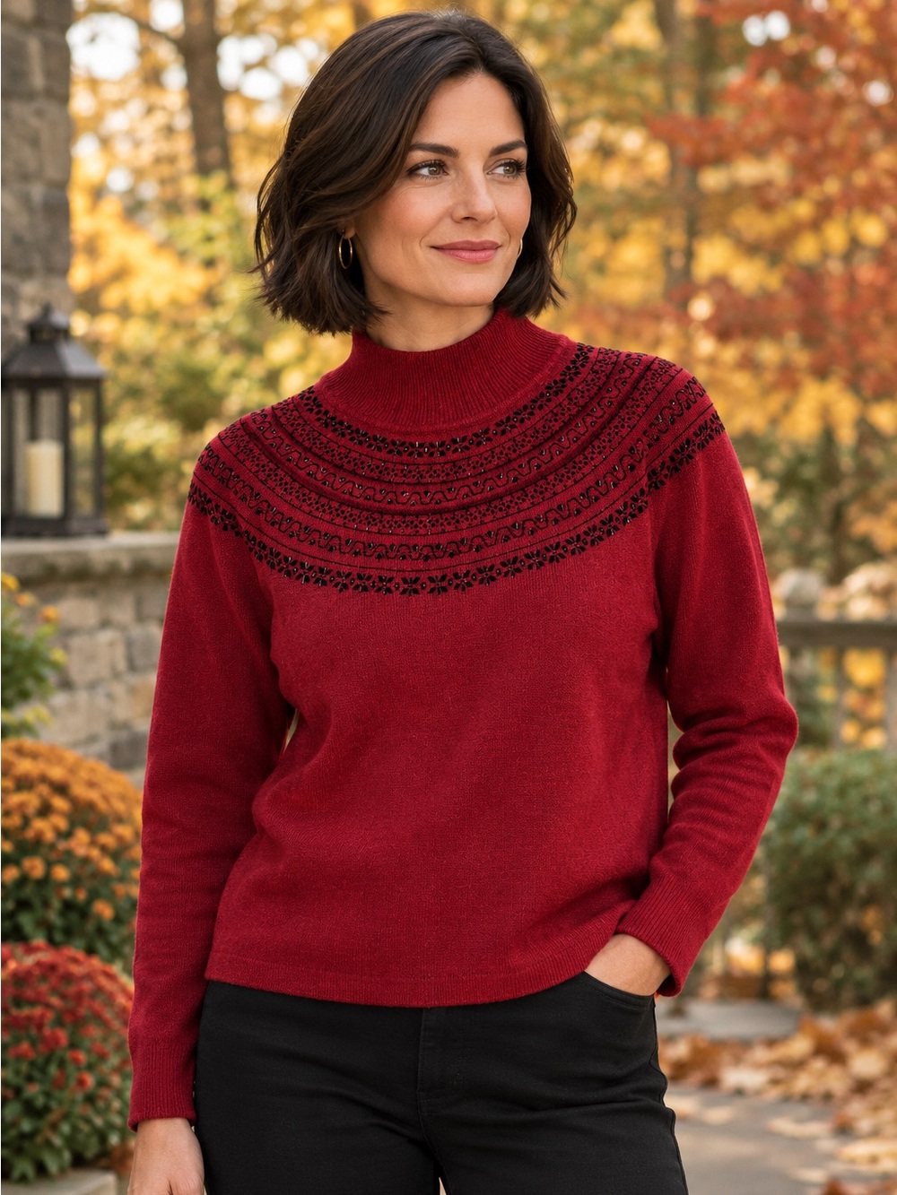 Rena Rowan Red Cowl Neck Sweater with Beading